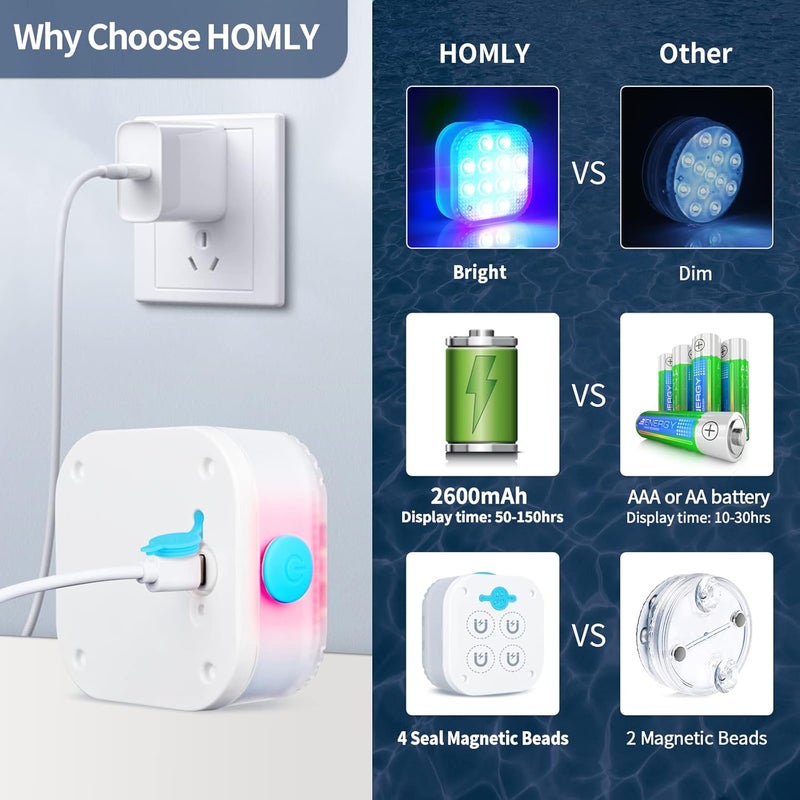 HOMLY Rechargeable Submersible Pool Lights with Remote, Waterproof Underwater Charging Battery Operated Controlled 16 Color Changing LED with Magnet Floating Lights Pool Pond Decoration 4 Pack - Image 4